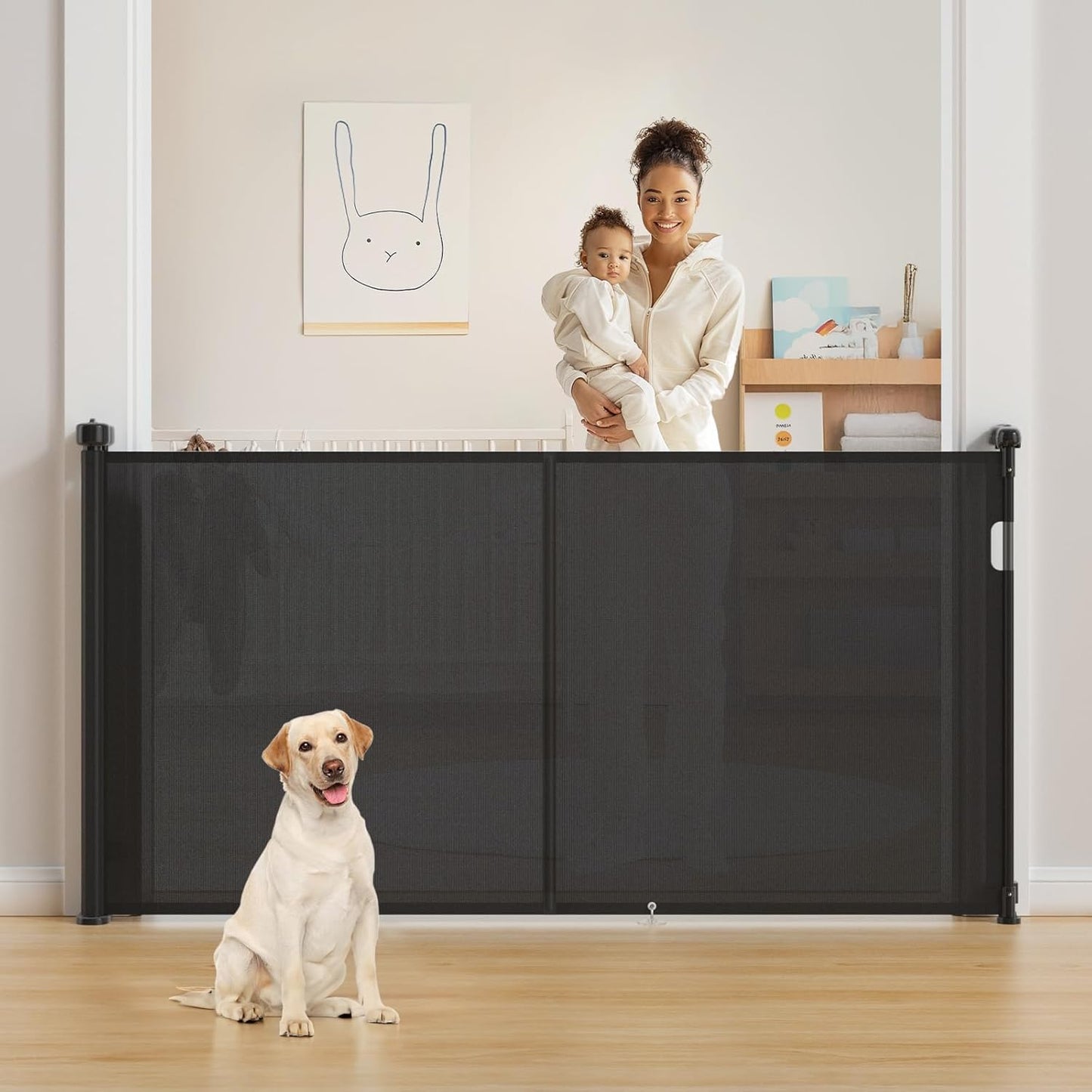 Upgrade Retractable Baby Gates Extra Wide (150" W x 42" H), 150 inch Reinforced Retractable Dog Gate to Prevent Crawling Through, Retractable Gate Outdoor/Indoor, Real One-Handed Operation, Black