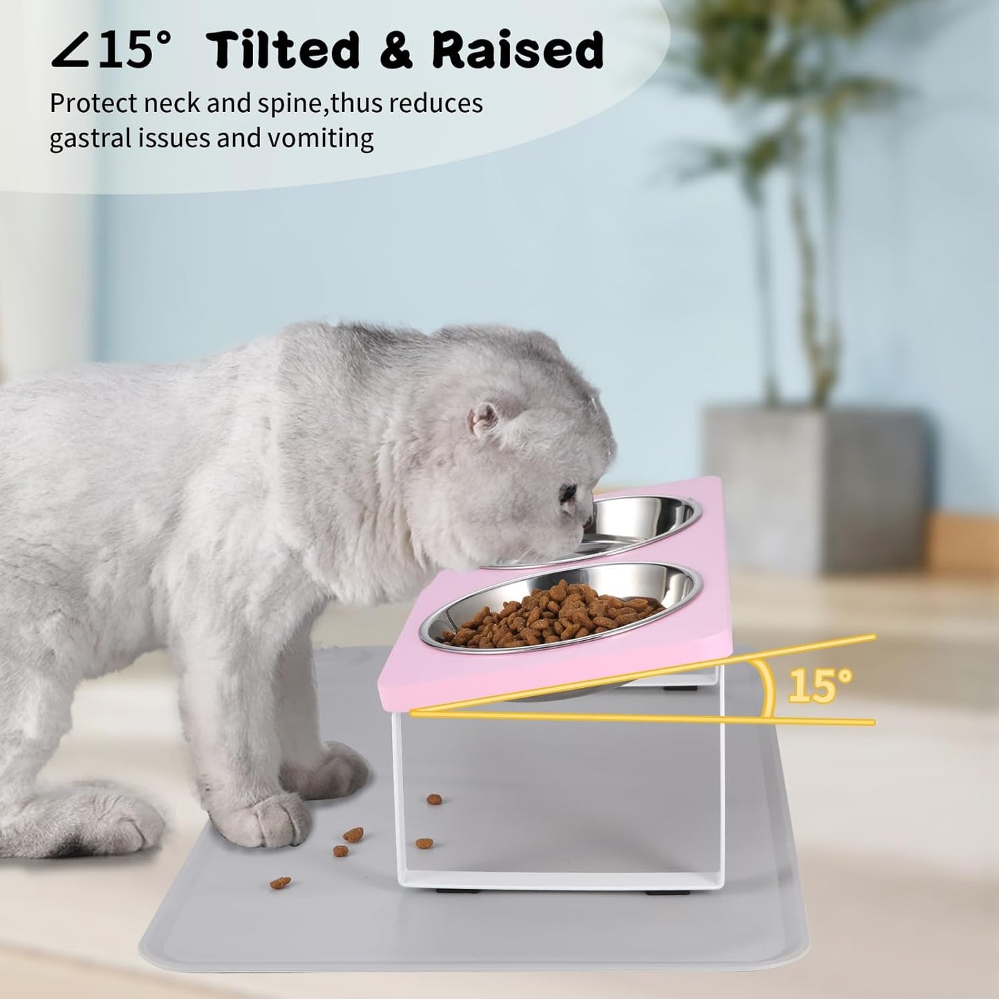 Upgraded Elevated Cat Bowls with Food Mat,15°Tilted Stand Anti Vomiting Raised Cat Dishes for Food and Water,2 Stainless Steel Bowls for Cats and Puppy