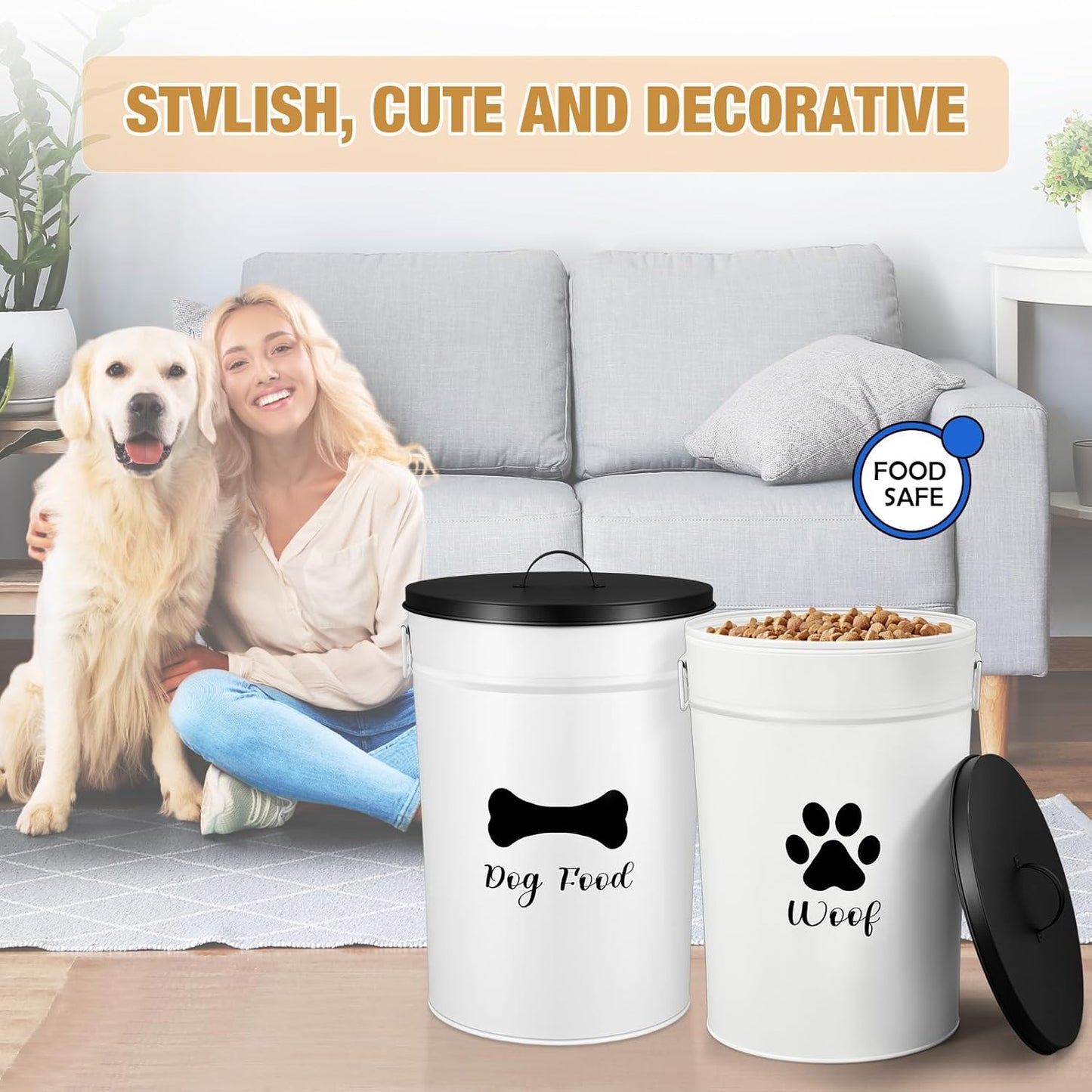 DoubleFill Extra Large 23+10 lbs Metal Dog Food Storage Containers Set of 2 Airtight Dog Treat Snack Jars with Lids and Spoon Farm House Style Big Pet Cookie Jar for Kitchen Counter Gift