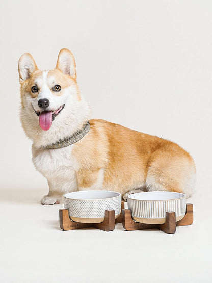 LE TAUCI PET Ceramic Dog and Cat Bowl Set with Acacia Wood Stand - 2 Cup Weighted Non-Slip Food and Water Bowls for Small Dogs & Cats, Lines + Dot