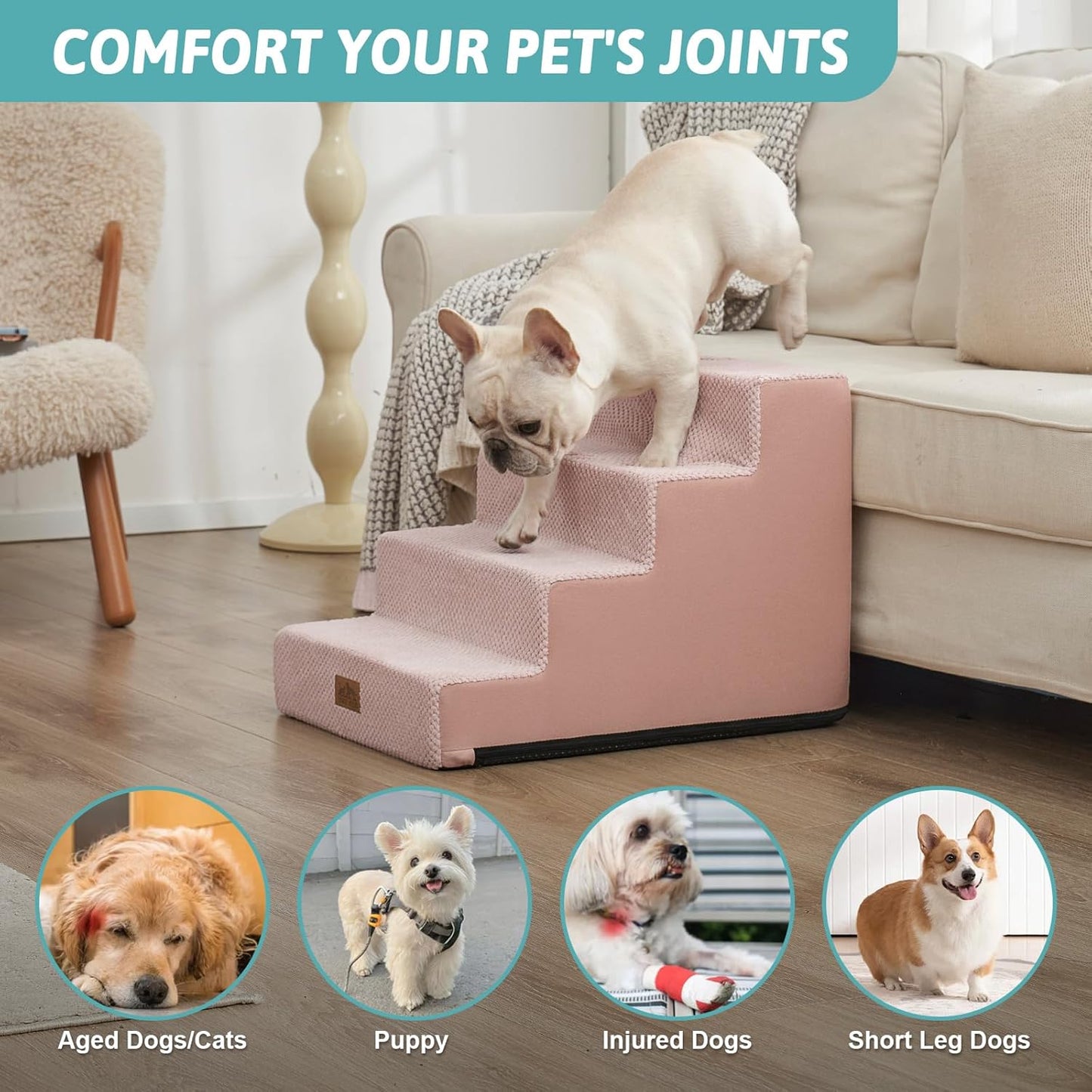 COZY KISS Dog Stairs for Small Dogs, 4 Tier Wider Pet Stairs for Couch and Beds, 17.7" H Non-Slip Dog Steps for Old Cats, Puppy, Small Medium Dogs, 17.7x23.6x17.7 inch, Beige