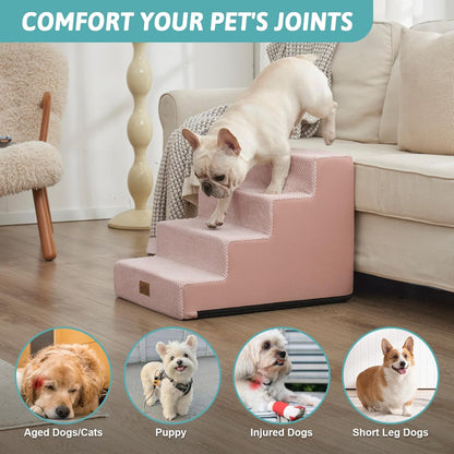 COZY KISS Dog Stairs for Small Dogs, 4 Tier Wider Pet Stairs for Couch and Beds, 17.7" H Non-Slip Dog Steps for Old Cats, Puppy, Small Medium Dogs, 17.7x23.6x17.7 inch, Beige