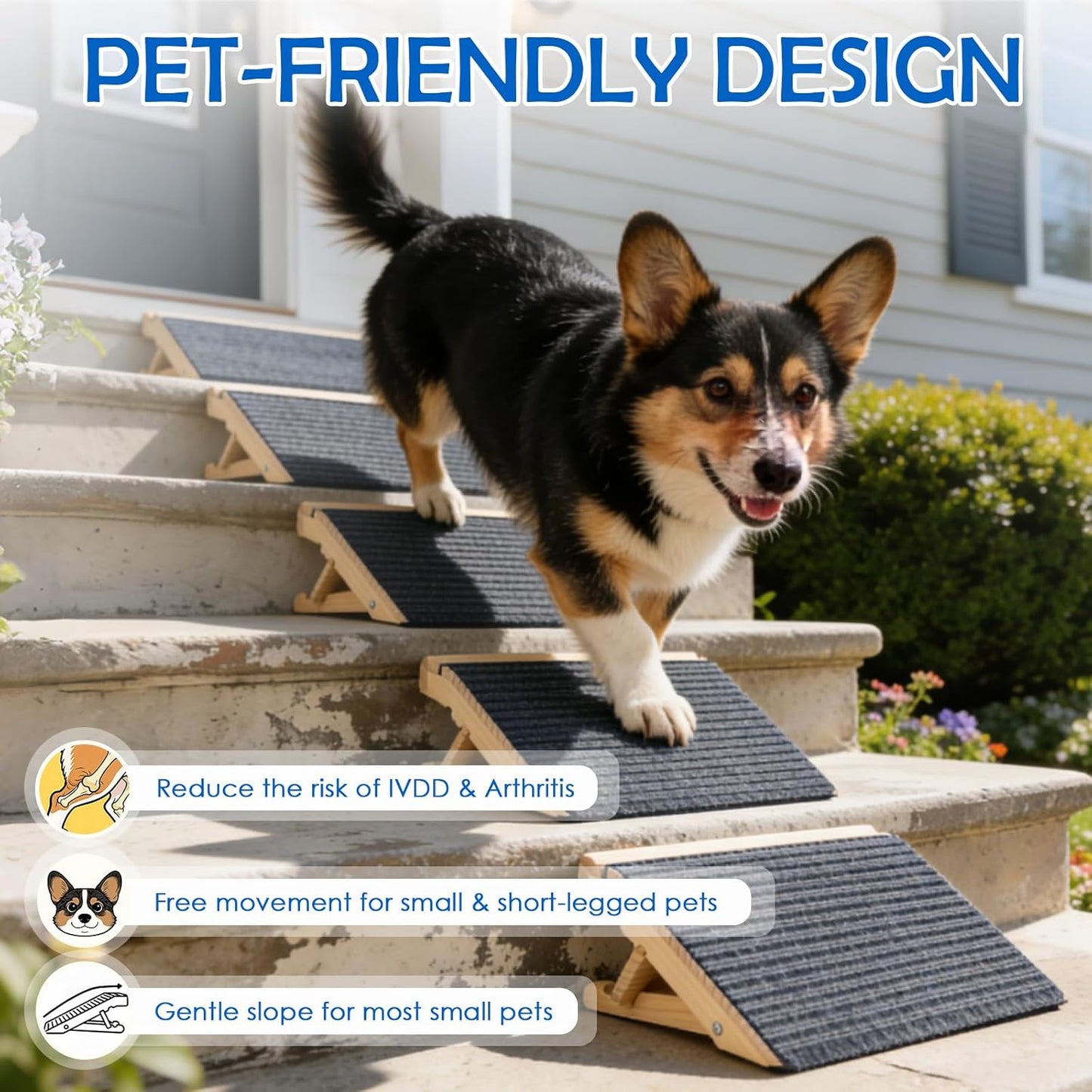 Dog Ramp for Stairs 2 Pack - Adjustable Solid Wood Foldable Indoor Pet Ramp for Senior & Injured Dogs, 2 Heights (4.2"/5.1"), Triangular Support & Non-Slip Carpet for Patio/Home, No Assembly (15.7"L)