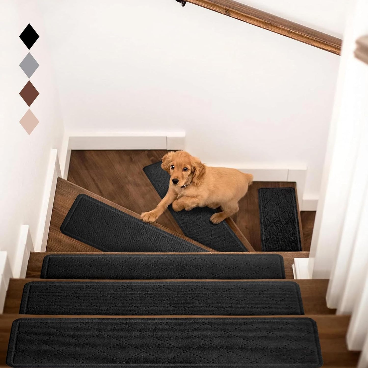 RIOLAND Carpet Stair Treads for Wooden Steps Indoor 9" x 36" Non Slip Stair Treads for Wood Stair with Reusable Adhesive, 15 Pack Peel and Stick Stair Runner for Kids Elders and Dogs, Diamond Gray