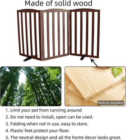 Freestanding Dog Gate Indoor,Doggie Gate Foldable Pet Gates for Doorways,Stairs or Hallways, Wooden Brown Pet Gate for the House, Pet Fence with Support Feet Included,24 "Height-3 Panels