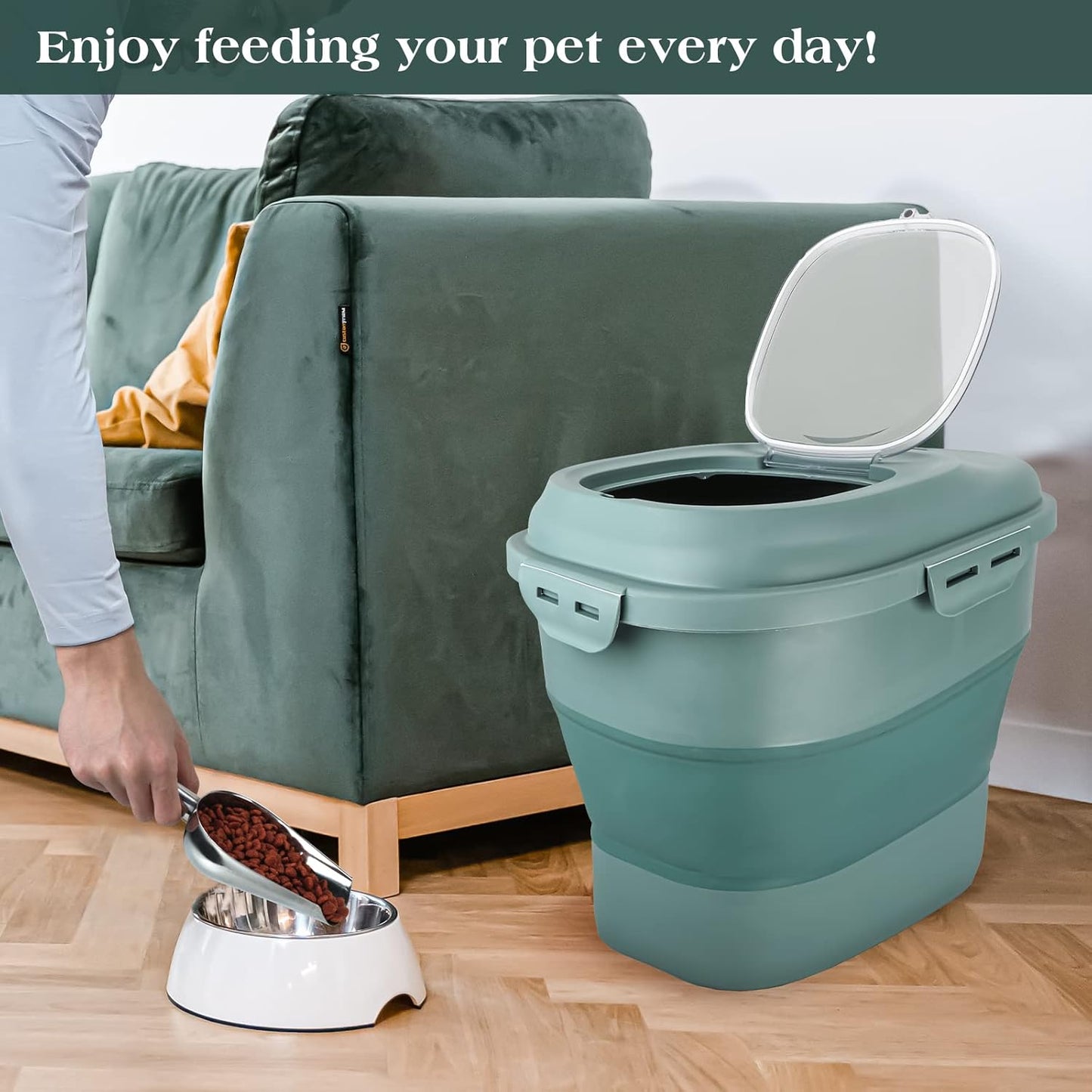 TIOVERY Dog Food Storage Container, Airtight Collapsible 13lb to 30lb Pet Food Container with Flip Top, Rolling Wheel, Scoop and a small container for Dog Cat Food and Dry Food of Rice, Flour