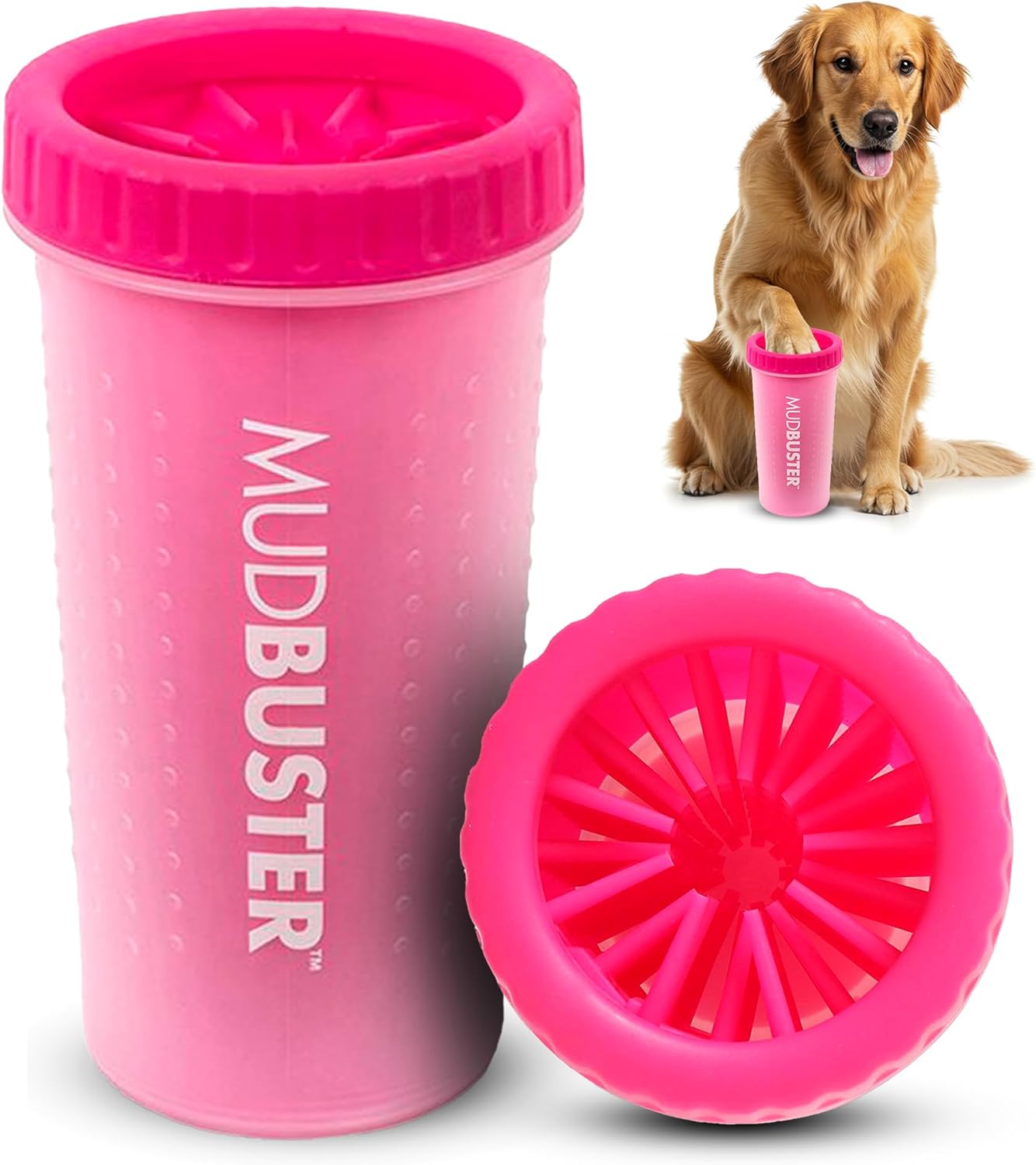 Dexas MudBuster Medium Dog Paw Cleaner in Fuchsia - Fits 1.5"-2.5" Wide Paws, Portable Paw Washer for Muddy Paws, Dog Paw Cleaning Cup with Gentle Silicone Bristles, Quick Clean Pet Paw Washer