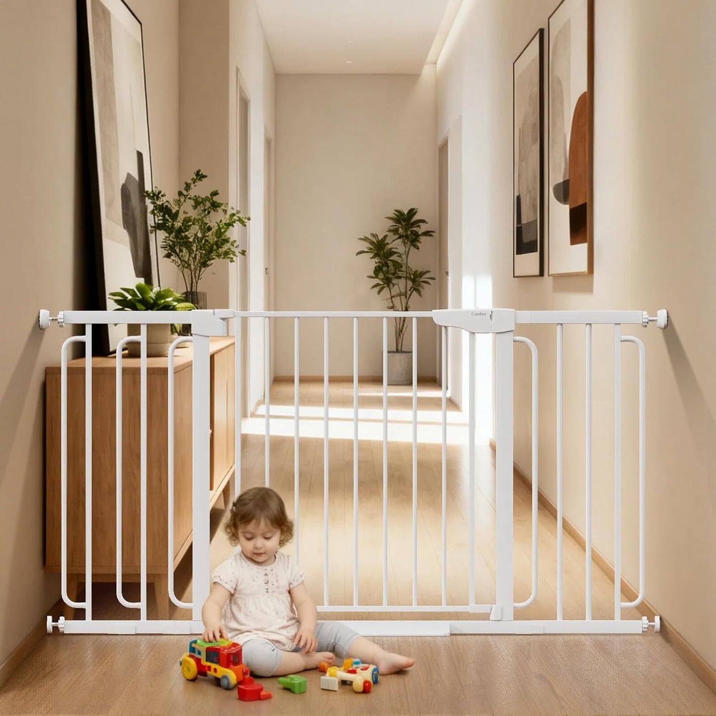Cumbor 36.6-64" Extra Wide Baby Gate for Stairs, Dog Gates for Doorways, Auto-Close Pet Gate Indoor, Pressure Mounted Walk Through Safety Child Gate for Kids Toddler, Tall Pet Puppy Fence Gate, Brown