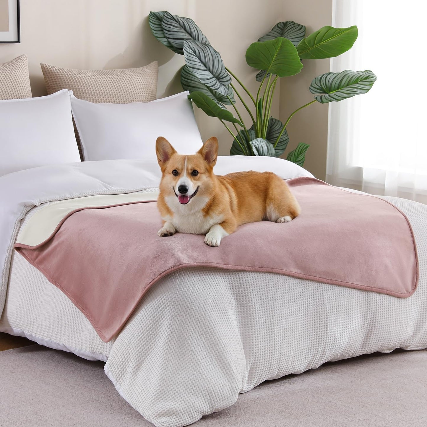 Waterproof Blanket 60"x80" for Adults, Reversible Waterproof Bed Cover for Dogs Cats Pets, Soft Leakproof Blanket for Bed Couch Sofa Furniture Protector, Dusty Pink/Off White