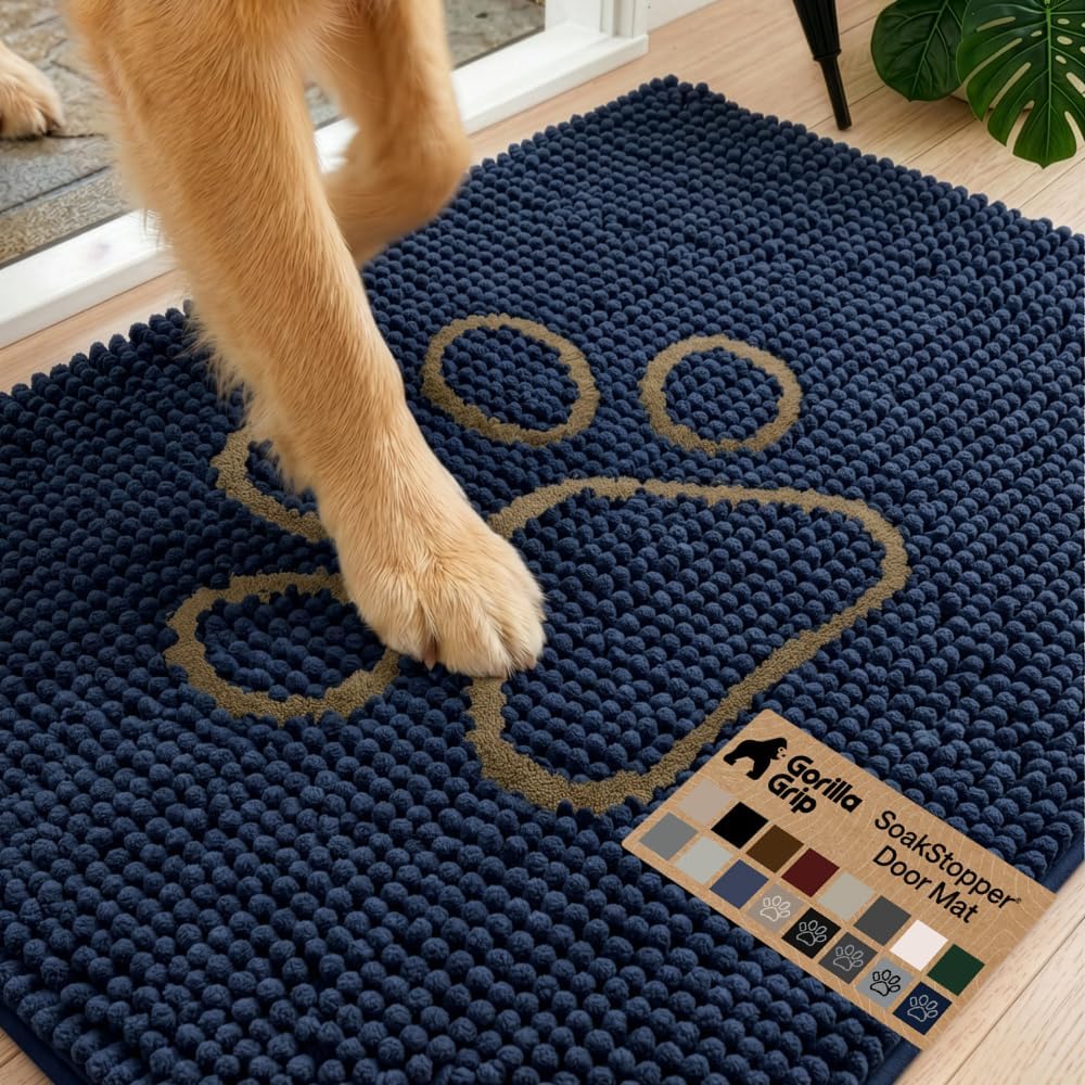 GORILLA GRIP SoakSTOPPER Dog Door Mat, 30x20 Machine Washable Rug Absorbent Doormat Captures Moisture Mud Dirt, Quick Dry Soft Chenille Entryway Rugs Indoor Entrance Mats for Dog Paws, Paw Grey