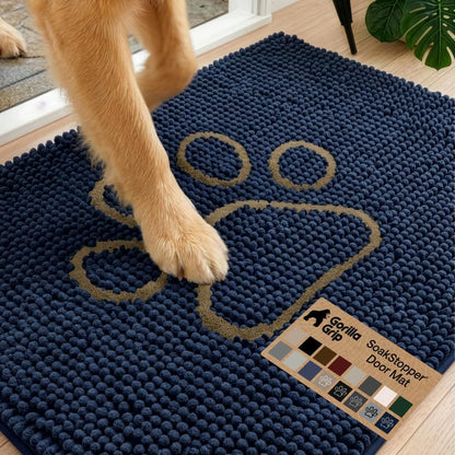 GORILLA GRIP SoakSTOPPER Dog Door Mat, 30x20 Machine Washable Rug Absorbent Doormat Captures Moisture Mud Dirt, Quick Dry Soft Chenille Entryway Rugs Indoor Entrance Mats for Dog Paws, Paw Grey