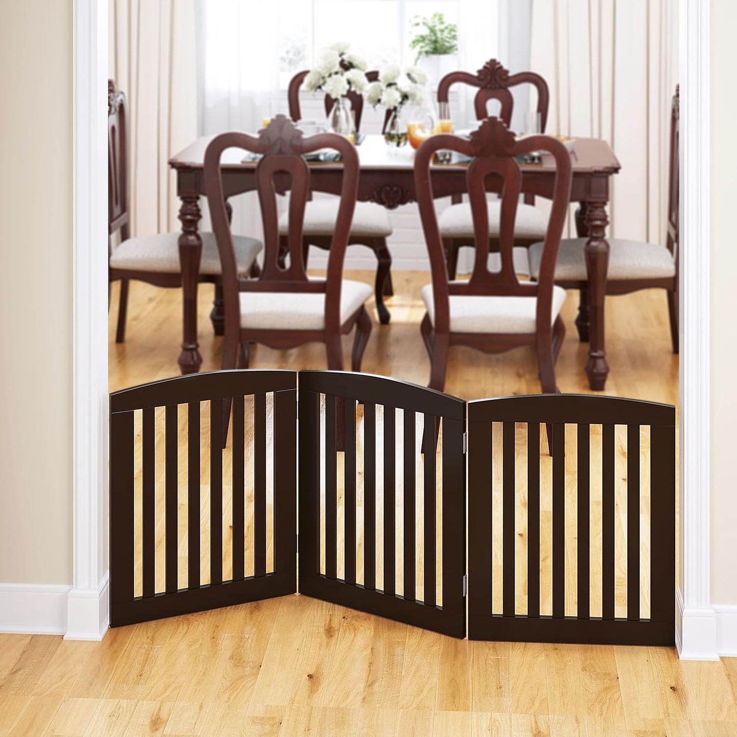 PAWLAND Wooden Freestanding Foldable Pet Gate for Dogs, 24 inch 4 Panels Step Over Fence, Dog Gate for The House, Doorway, Stairs, Extra Wide (White, 24" Height-4 Panels)