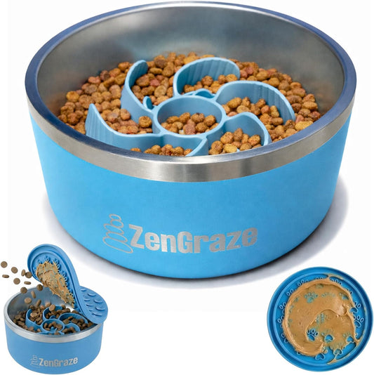 Stainless Steel Slow Feeder Dog Bowl for Large Dogs | 64 oz, Non-Slip Base with Textured Lick Mat Lid & Silicone Slow Feeder Insert – Deep Anti-Gulp Metal Puzzle Bowl for Large Breeds (Steel Gray)