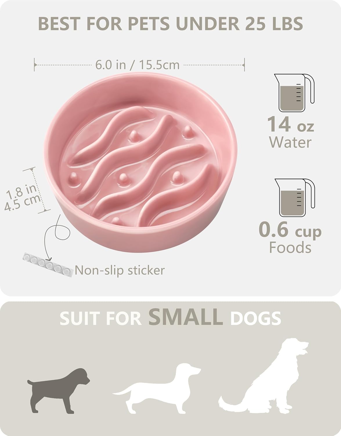 Ceramic Slow Feeder Dog Bowls for Medium and Large Dogs, 2.0 Cups Dog Slow Feeder for Fast Eater, 30oz, 8in, White
