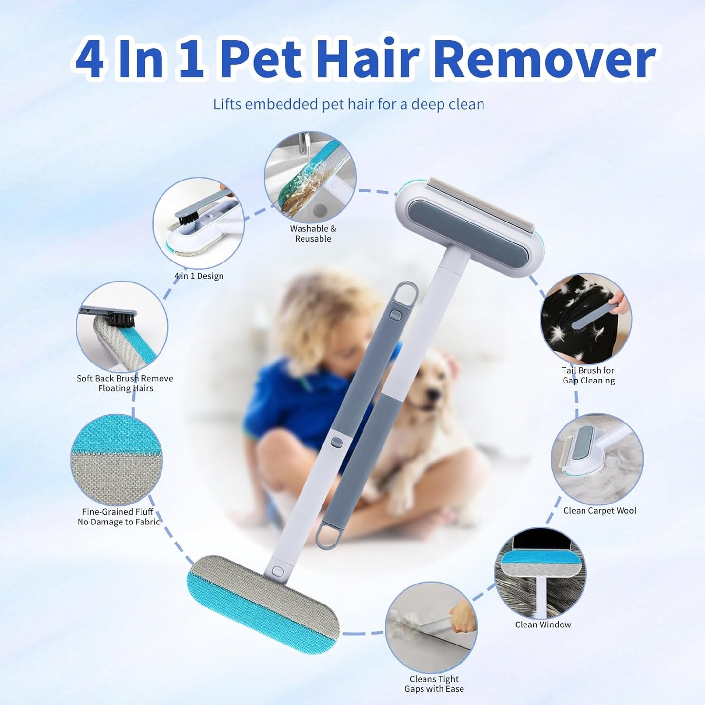 Cat Hair Remover 4-in-1 Multi-Functional Brush Double-Sided, Reusable & Washable Lint Cleaner for Dog and Cat Hair Gentle on Furniture, Sofa, Carpets, Clothing, Pet Beds - 17" Long Handle (2026 New)