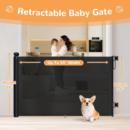 Retractable Baby Gate for Stairs & Doorways, 34" Tall Extends to 55" Wide, Mesh Baby & Pet Gate with Anti-Crawling Hook, Safety Gate for Toddlers, Doorways, Hallways, Indoor, Black