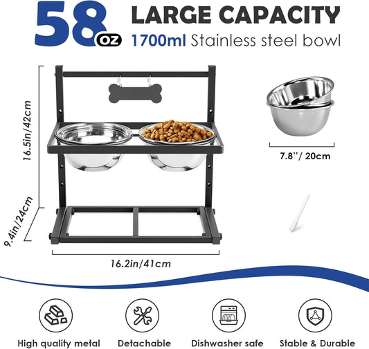 ADENGL 1.6 Gallon Elevated Dog Water Bowl for Large Dogs, 4-Height Adjustable (13–18'') Raised Stainless Steel Bowl with Spill-Proof Mat & Sturdy Metal Stand, Easy-Clean Feeder for Indoor/Outdoor Use