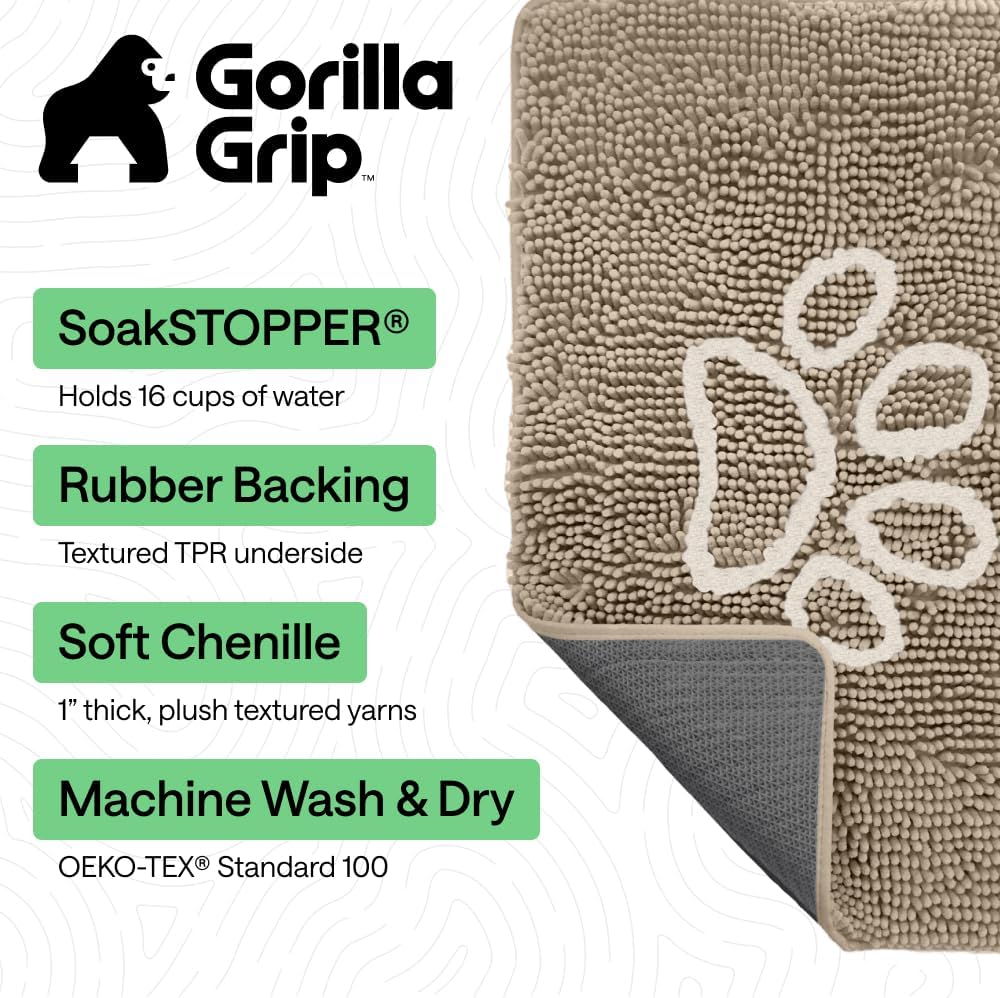 GORILLA GRIP SoakSTOPPER Dog Door Mat, 30x20 Machine Washable Rug Absorbent Doormat Captures Moisture Mud Dirt, Quick Dry Soft Chenille Entryway Rugs Indoor Entrance Mats for Dog Paws, Paw Grey
