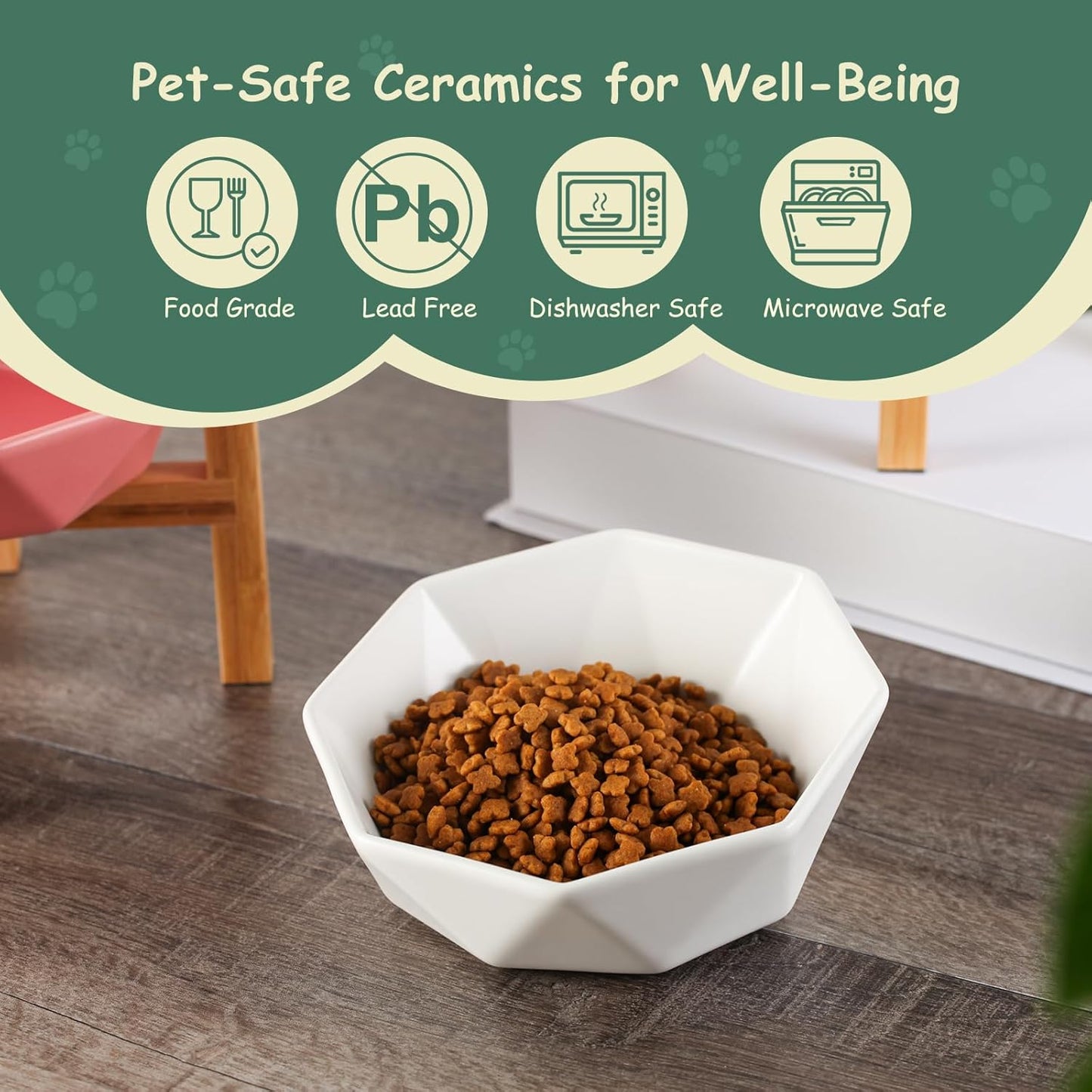 Ceramic Tilted Raised Cat Bowl - Elevated Food Bowl for Indoor Cats & Small Dogs - Shallow Wide Whisker-Friendly Design - Pet Dish Suitable for Feeding Dry, Wet, Treats & Canned Food - White