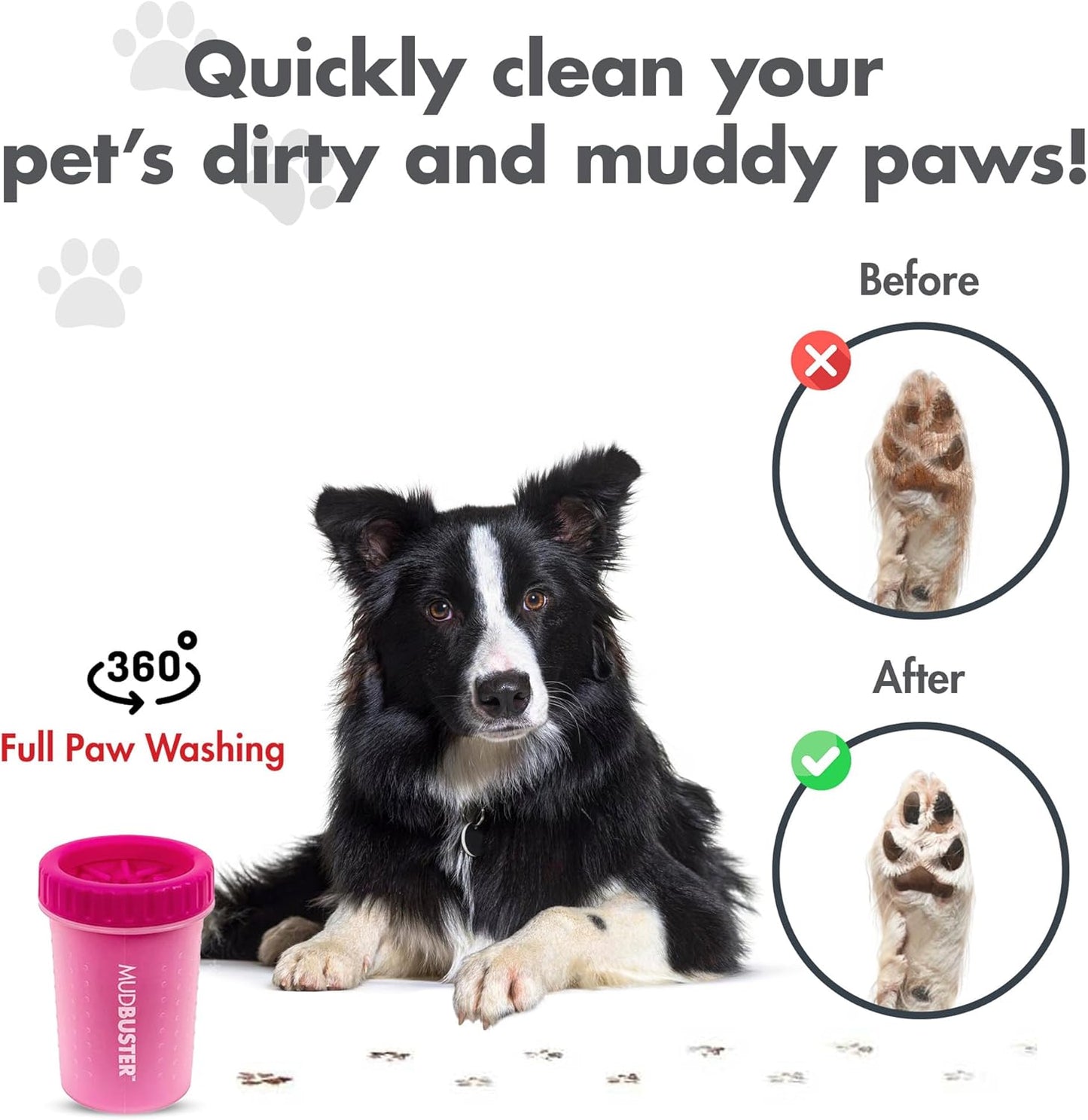 Dexas MudBuster Medium Dog Paw Cleaner in Fuchsia - Fits 1.5"-2.5" Wide Paws, Portable Paw Washer for Muddy Paws, Dog Paw Cleaning Cup with Gentle Silicone Bristles, Quick Clean Pet Paw Washer