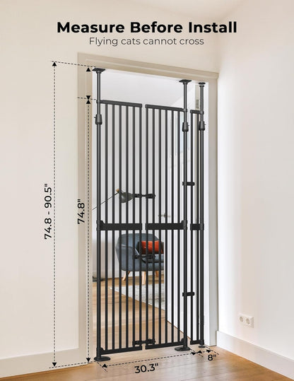 Extra Tall Cate Gate for Doorway: Pressure Mount 74.8"-90.5" Tall Cat Gate for Pets in Extra 30.3"-47.2" Width No Wall Drilling No Toddler for Indoor Stairs Hallway Room Safety Barrier