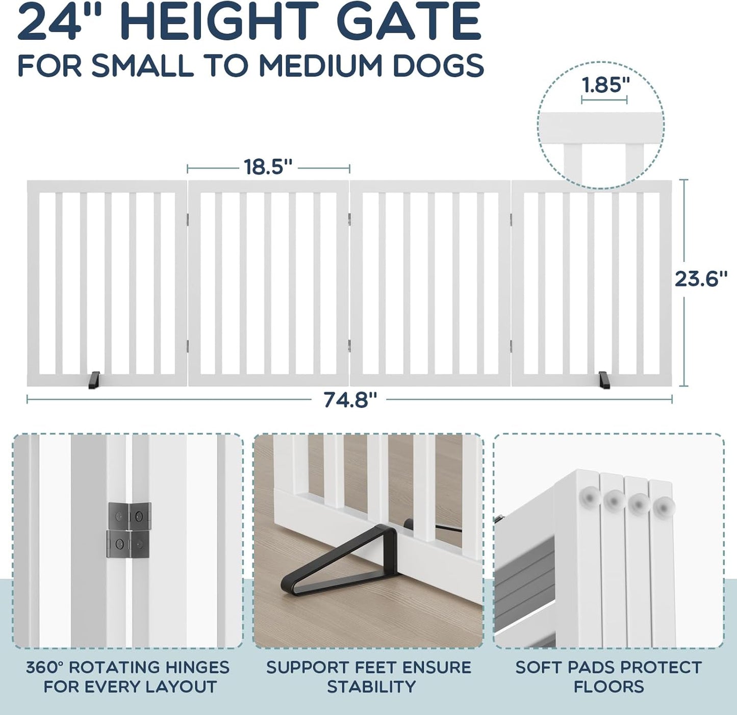 Homykic Bamboo Freestanding Dog Gate, No Assembly Pet Gate Indoor, 24”H x 75”W Extra Wide Foldable Puppy Fence with Support Feet for the House, Doorways Stairs, 4 Panels, No Drilling, Espresso