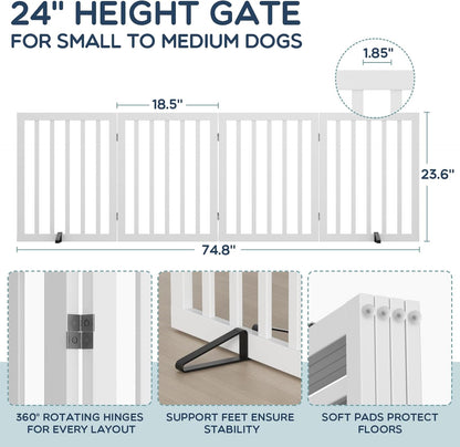 Homykic Bamboo Freestanding Dog Gate, No Assembly Pet Gate Indoor, 24”H x 75”W Extra Wide Foldable Puppy Fence with Support Feet for the House, Doorways Stairs, 4 Panels, No Drilling, Espresso