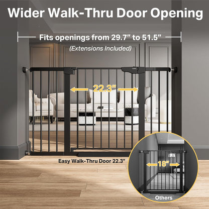 Cumbor 29.7–51.5" Extra Wide Baby Gate for Stairs, Pressure-Mounted Dog Gates for Doorways & Hallways, Auto-Close Walk-Through, No-Trip Design, Child Proof Safety, Dog/Pet Gate for Indoor Use, Black