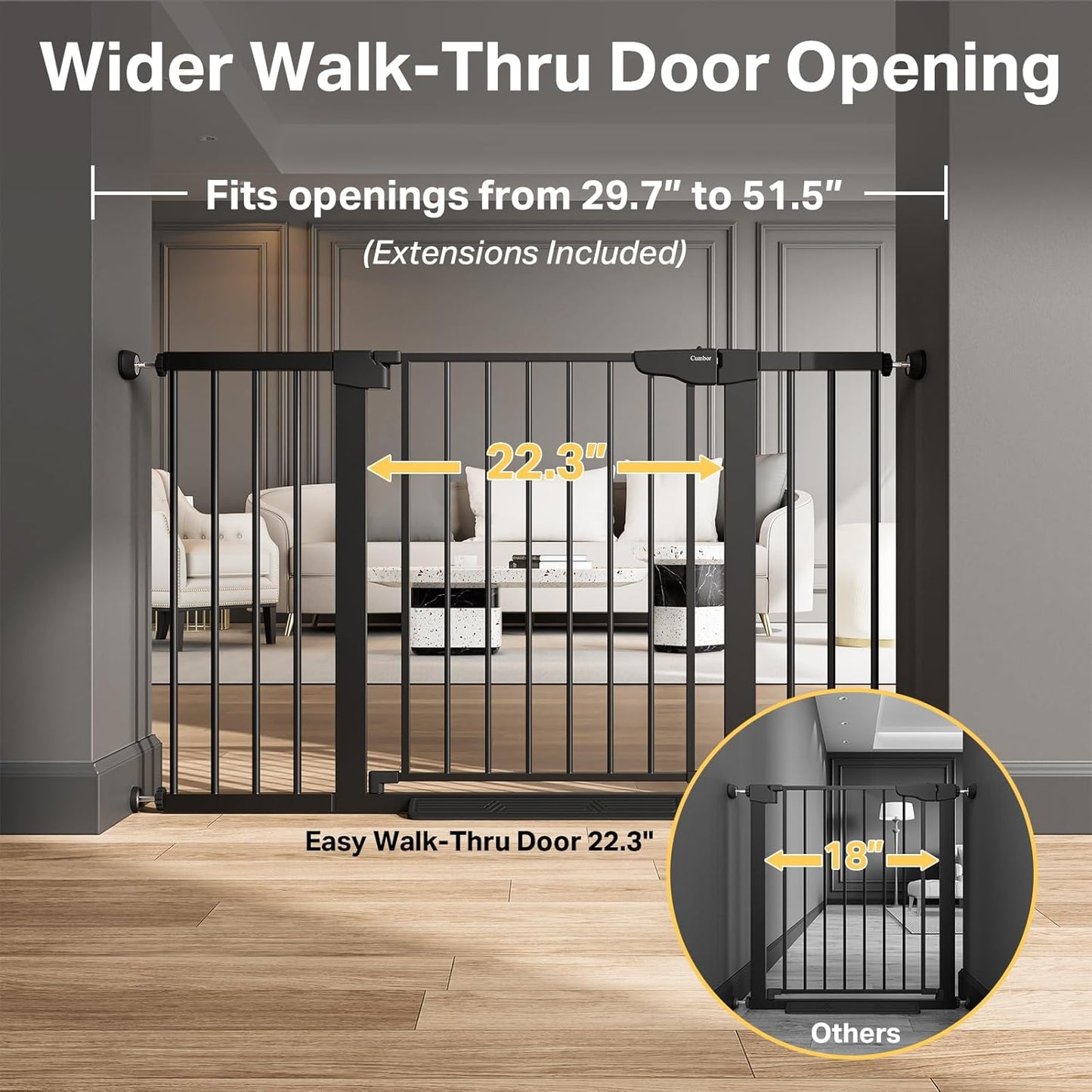 Cumbor 36.6-64" Extra Wide Baby Gate for Stairs, Dog Gates for Doorways, Auto-Close Pet Gate Indoor, Pressure Mounted Walk Through Safety Child Gate for Kids Toddler, Tall Pet Puppy Fence Gate, Brown