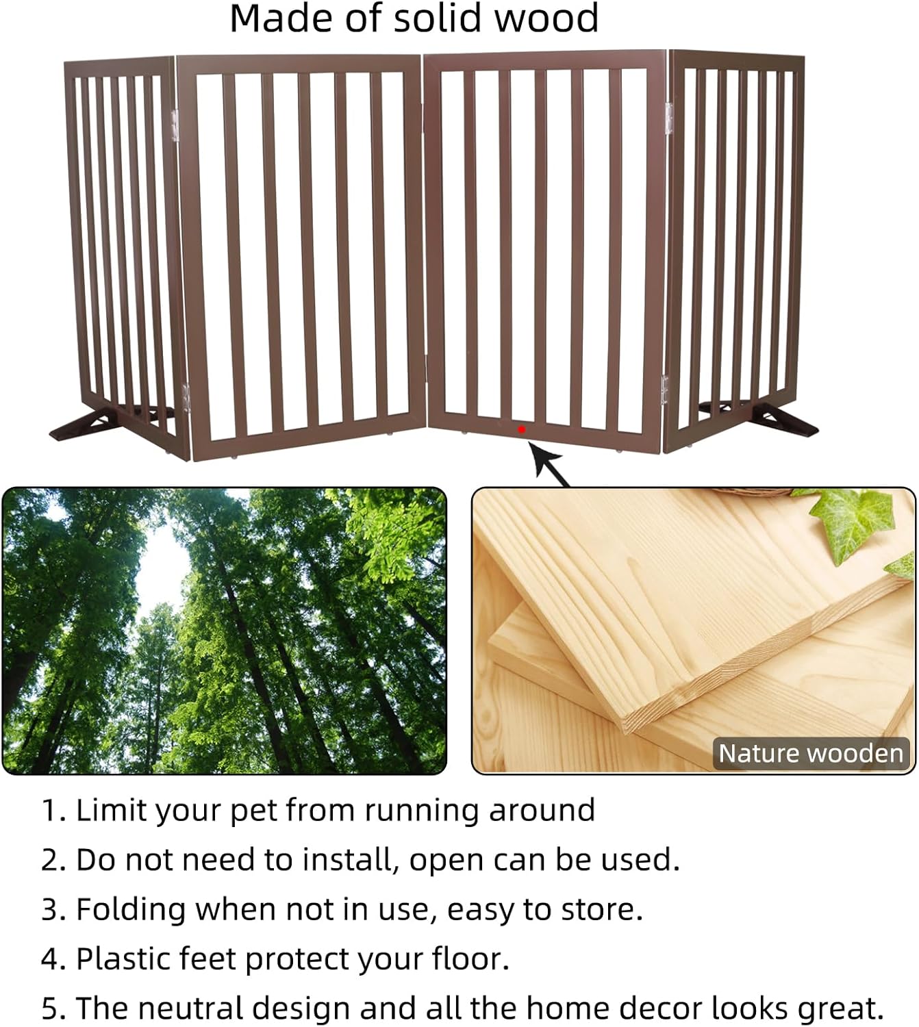 ZJSF Freestanding Indoor Dog Gate for House Foldable Wood Puppy Gate for Doorways Pet Gate for Stairs Extra Wide Pet Fence, Brown, 24" Height 3 Panels