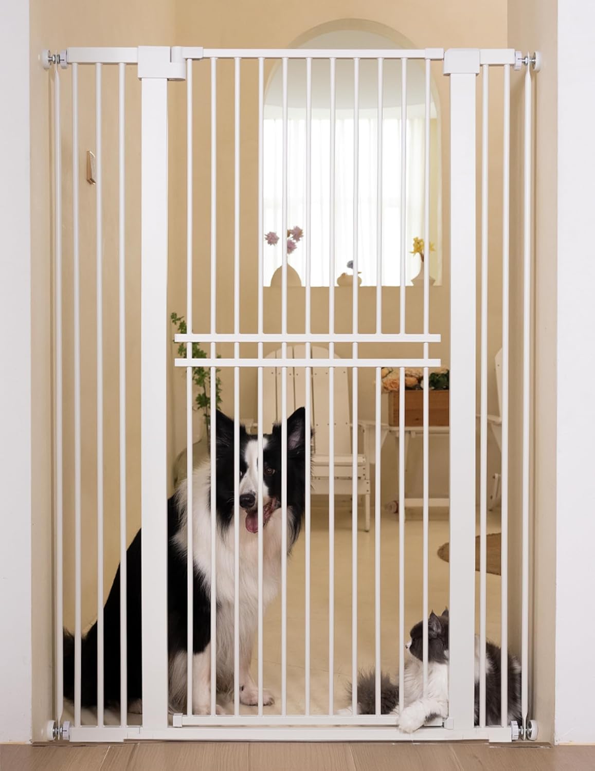 No Pawblems 55" Extra Tall Pet Gate for Cat/Dog, 29-40" Wide Auto Close Tall Dog Gate for Doorways/Hallways, 1.37" Ultra Narrow Spacing, NO Drilling Pressure Mounted, Black
