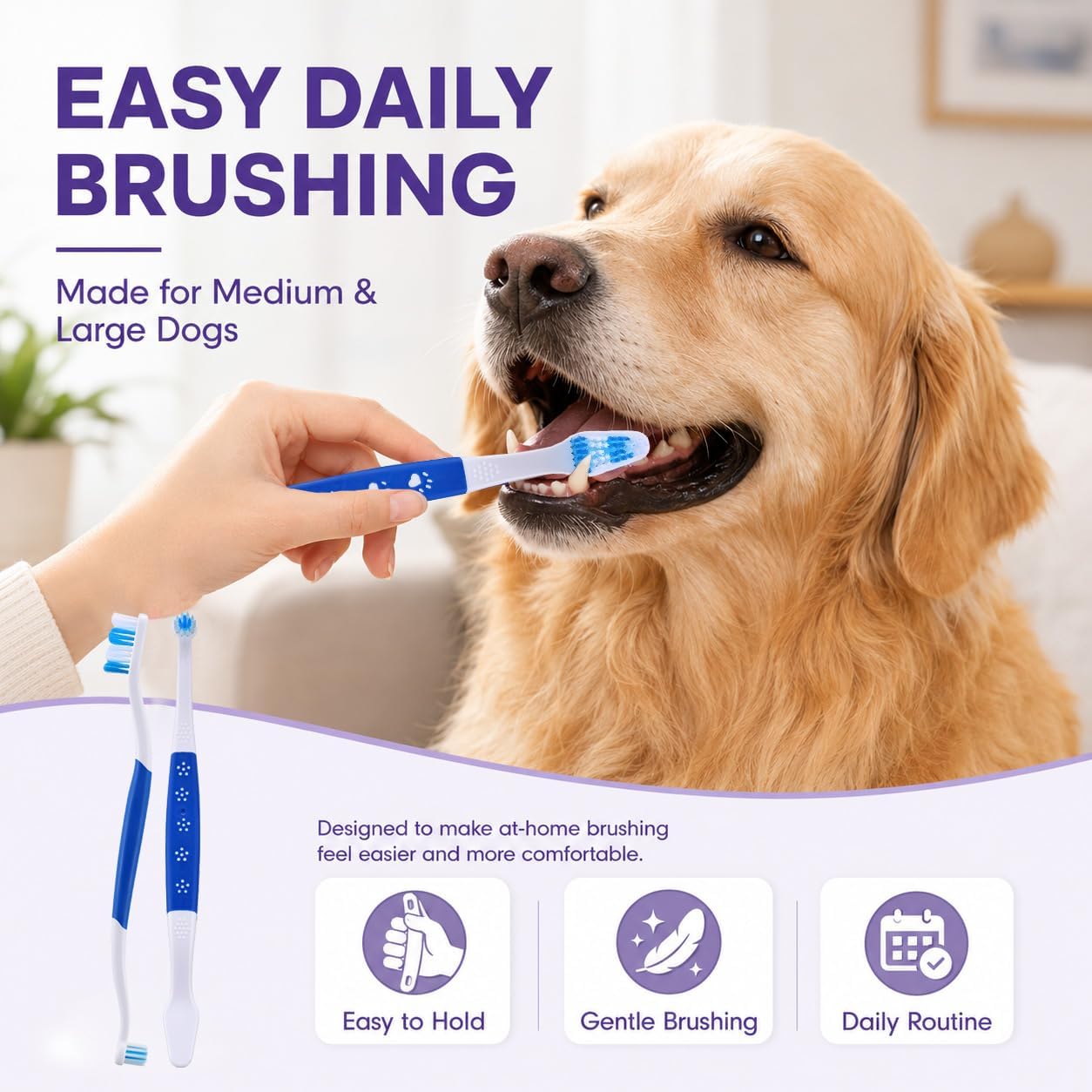 Dog Toothbrush – Newly Upgraded Dual-Head Design with 60° Wavy Bristles – Gently Surrounds Teeth for Deep Cleaning and Plaque Removal – Non-Slip Handle, Ideal for Daily Pet Dental Care (Pink, 1-Pack)