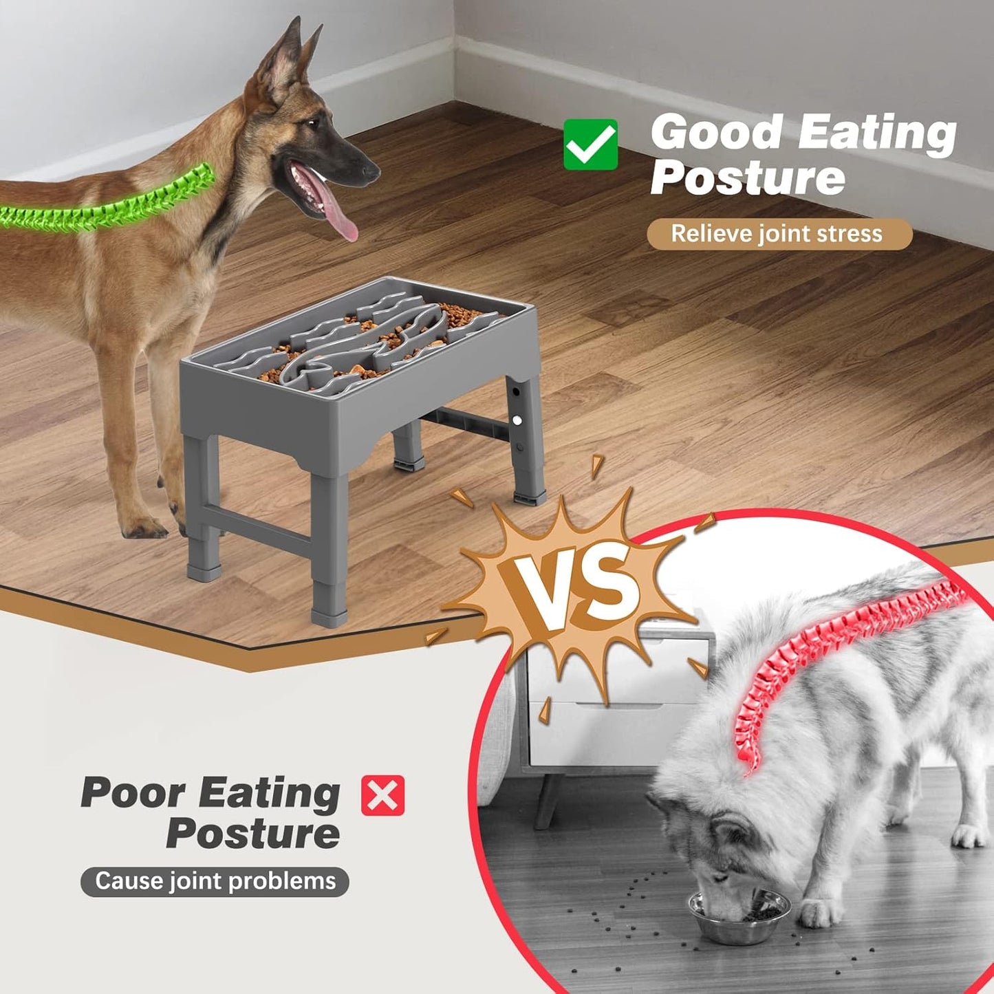 Elevated Slow Feeder Dog Bowls, 9 Cups Raised Dog Slow Feeder Bowls Large Breed with 4 Adjustable Heights Pet Food bowl Stand, Non Slip Anti Gulping sow eating dog bowl for Medium & Large Breed