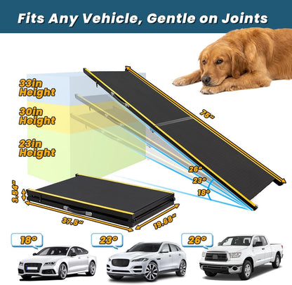 75” Dog Ramp for Car, Extra Long & Wide Pet Ramp for Large Dogs up to 300LBS, Heavy Duty Folding Dog Car Ramp for SUV/Truck/RV with Soft EVA Mat & Auto Lock, Portable Dog Ramp for SUV,Black