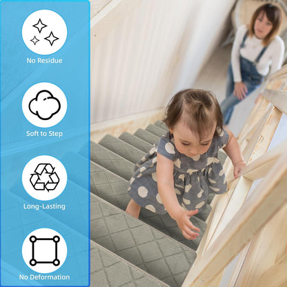 Art3d Stair Treads for Wooden Steps 15Pcs, 8" X 30" X 0.3" Non Slip Stair Runner Rugs with Reusable Adhesive for Elders Kids and Dogs, Washable Peel and Stick Stair Treads Carpet, Gray