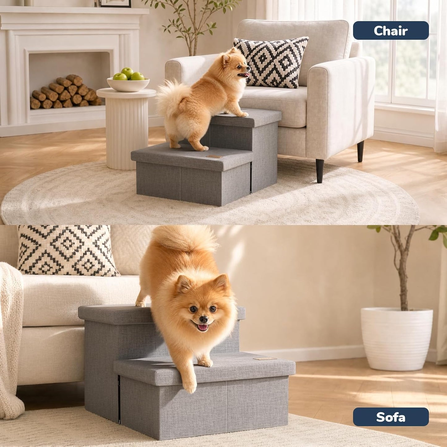 3-Step Wide Dog Stairs with Hidden Storage 18" H, Non-Slip Dog Steps for High Bed Couch Window Car, Jiont-Friendly Pet Stairs Ramp for Small/Medium/Large Old Dogs Cats Up to 200lbs, Grey