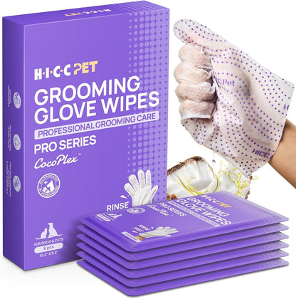 HICC PET Glove Wipes Pro – Pet Cleaning Gloves for Dogs & Cats – Infused with Coconut Oil & Plant Extracts – Hypoallergenic, Gentle, Spa-Like Care at Home, Portable 6 Pack-Coconut Scent