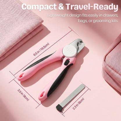 Flexzion Pet Nail Clippers for Dogs & Cats - Stainless Steel Blade Cat Nail Trimmer with Stored Nail File, Safety Guard, Easy Grip Handle - Dog Nail Clippers for Large Dogs, Medium Small Breeds, Pink