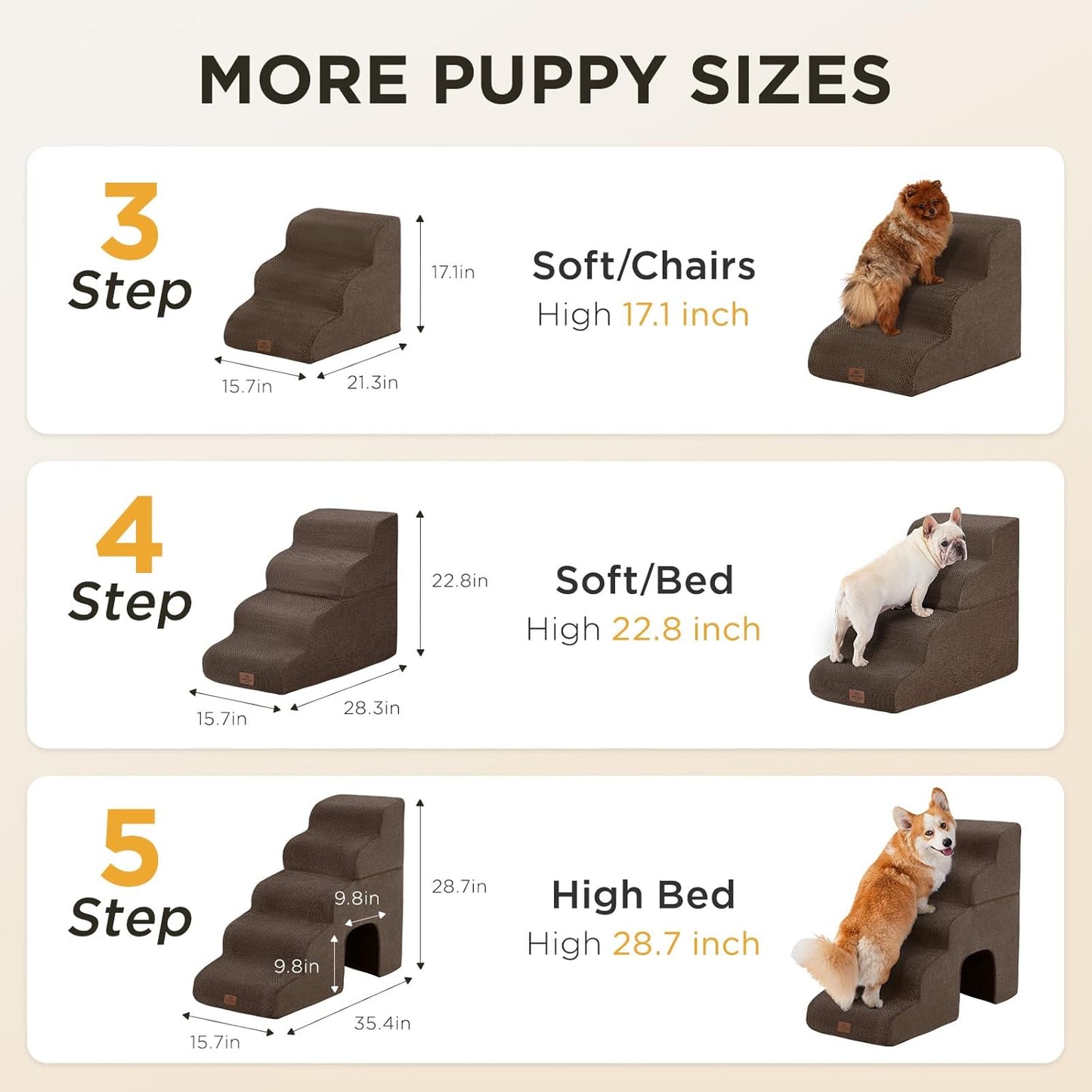 Joydeco Dog Stairs for Bed 17.1" H, 3-Step Pet Steps for Small Dogs and Cats, Dog Steps for High Bed, Non-Slip Balanced Ramp Indoor Pet Stairs, Beige
