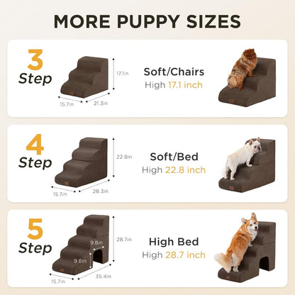 Joydeco Dog Stairs for Bed 17.1" H, 3-Step Pet Steps for Small Dogs and Cats, Dog Steps for High Bed, Non-Slip Balanced Ramp Indoor Pet Stairs, Beige
