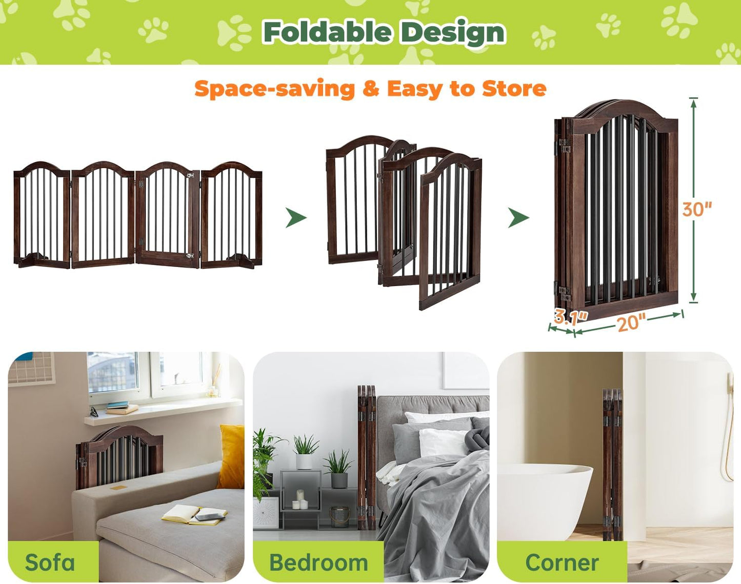 PrimeZone 144" Extra Wide Dog Gate - 36" Tall 6-Panel Solid Acacia Wooden Freestanding Puppy Gates with Door, Foldable Indoor Pet Fence for Doorways, Stairs, Support Feet Included, Brown