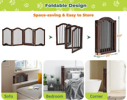 PrimeZone 144" Extra Wide Dog Gate - 36" Tall 6-Panel Solid Acacia Wooden Freestanding Puppy Gates with Door, Foldable Indoor Pet Fence for Doorways, Stairs, Support Feet Included, Brown