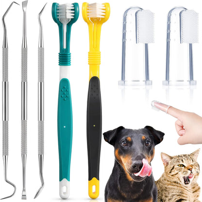 CHENGU 7 Count Dog Teeth Cleaning Kit Includes Tooth Scaler and Tarter Remover Scraper 3 Head Pet Toothbrush and Dog Finger Toothbrush Plaque Remover Tools(Classic Style,Black Yellow and Dark Green)