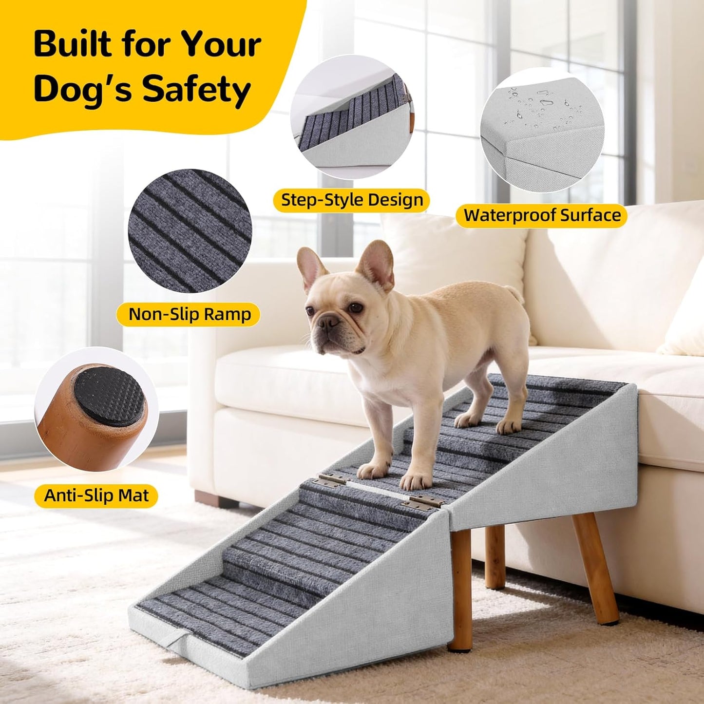 17.13" H Dog Stairs for Small Dogs, 2-in-1 Pet Steps & Ottoman - Foldable Dog Stairs for Couch, Non-Slip Wooden Pet Stairs for Puppy Senior Injured Dogs