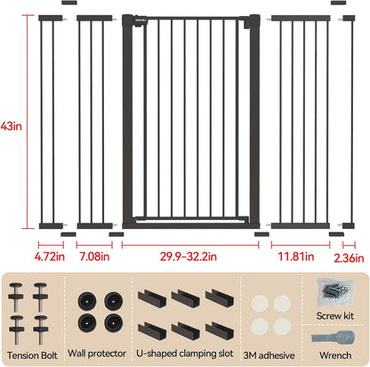 43 inch Tall Safety Dog Gate Adjustable 29.7-45.2 inch Extra-Wide Metal Pet Gate Drill-Free Pressure-Mount Installation kit Self-Closing Cat Gate for Stairwells、Doorways（White）