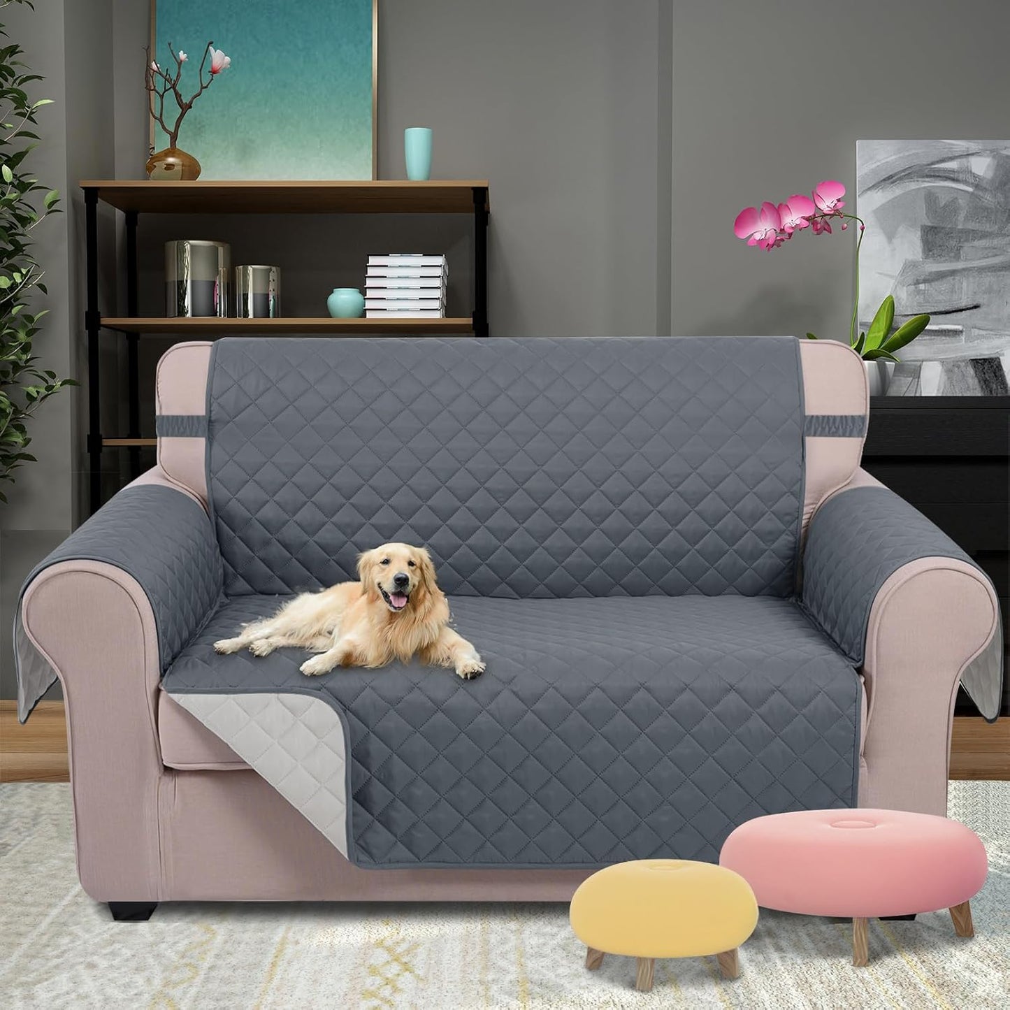 U-NICE HOME Reversible Sofa Cover Washable Couch Cover for Dogs Friendly with Elastic Straps Water Repellent Furniture Protector for 3 Cushion Couch (Sofa, Coffee/Beige) - Colors B