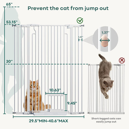 Ostutry 53in Extra Tall Cat Gate for Doorway, 29.5-40.6in Wide Auto Close Pet Gate with Cat Door, Climb Proof Dog Gate No Drilling Pressure Mounted, White