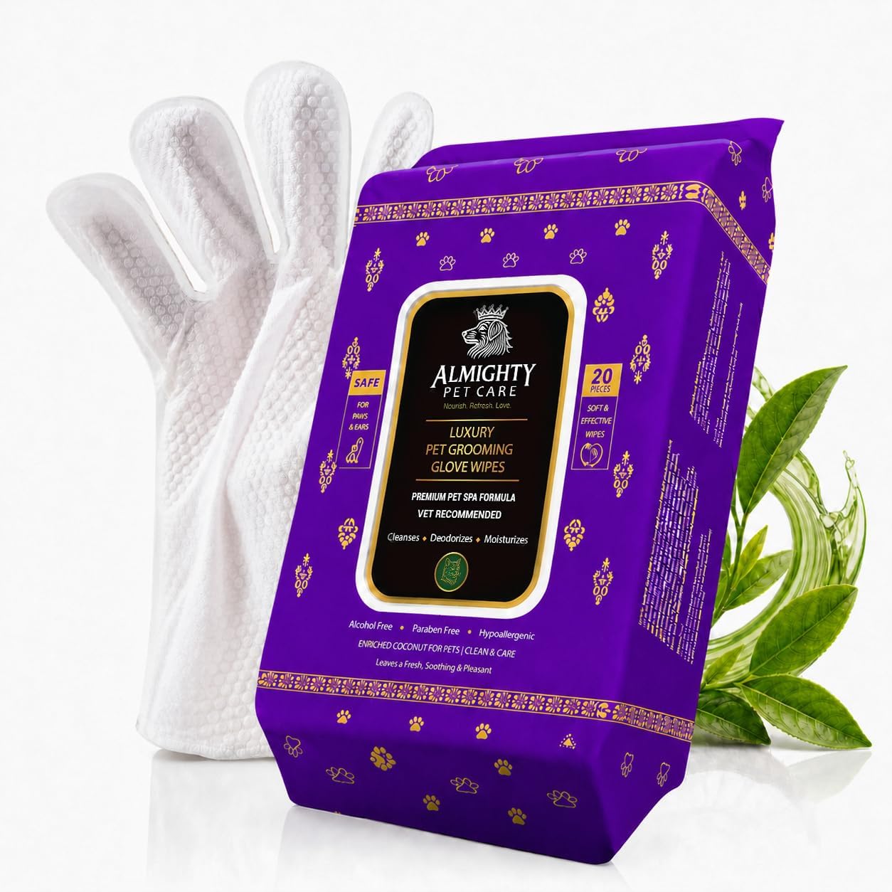 Premium Pet Grooming Glove Wipes for Dogs & Cats, 3X Thick No-Rinse Bathing Gloves, Hypoallergenic Deodorizing Paw & Body Cleaner, Natural Extracts to Hydrate & Nourish, 20 Count, Coconut Scent
