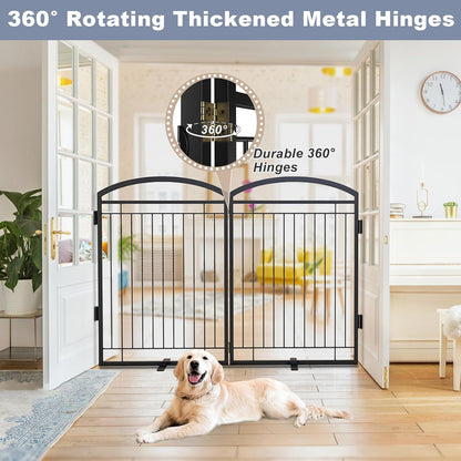 Full Metal Free Standing Dog Gate with Door for Indoor & Outdoor,96'' Extra Wide 32'' Tall Dog Gate for The Doorways,Large Openings,Decks,Porch,Pet Freestanding Safety Fence(4 Panels,Black)