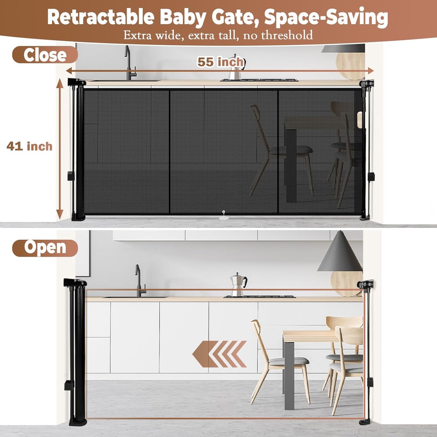 236" Retractable Baby Gate Extra Wide, 41" Tall Retractable Dog Gate for Stairs, Doorways, Decks, Mesh Gate Long Child Gate Pet Gate for Indoor, Outdoor, with Reinforced Mesh Rods, Dual Locks